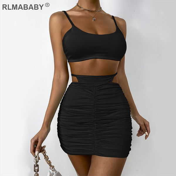 

summer 2 piece set suit women skinny cropped camisole and high waist lace up folds package hip mini skirts outfits set, Black;gray