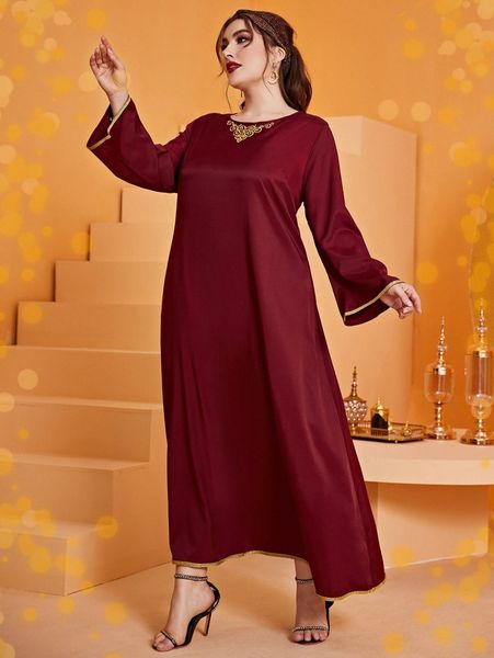 

plus scroll embroidery contrast tape tunic dress 73po#, Black