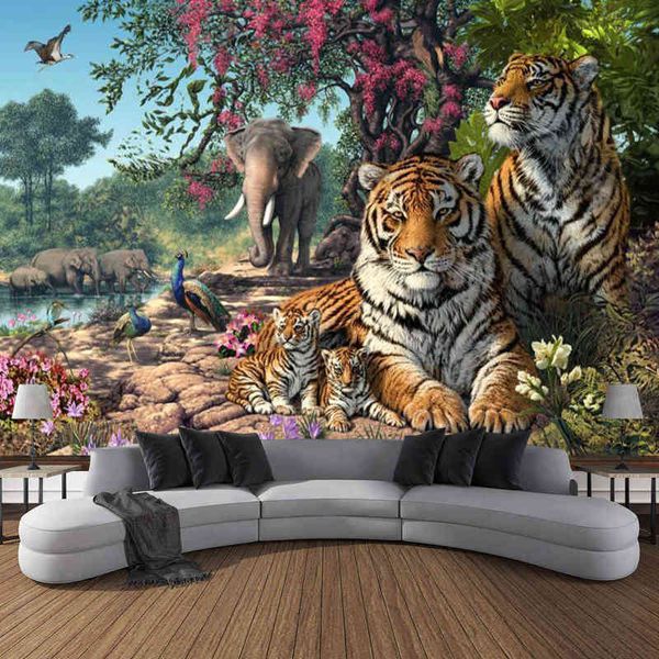 Mandala de tapeçaria do tigre florestal Murais decorativos Rugs de parede Panorâmico Decoração pendurada Tapearia J220804