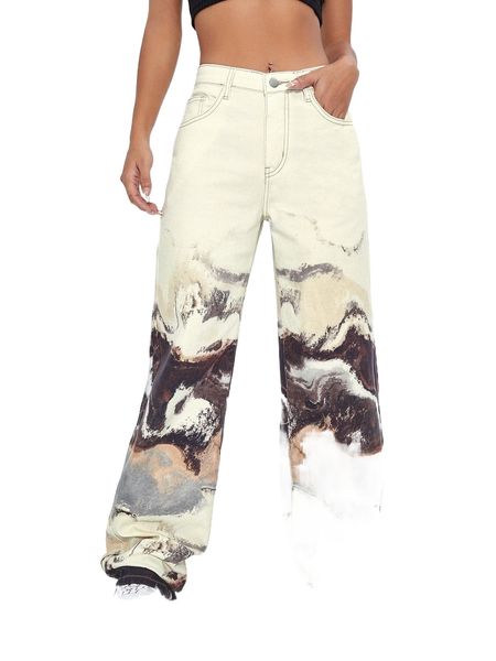 

marble print wide leg jeans h97j#, Blue