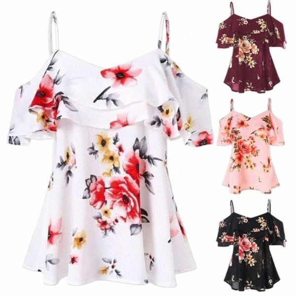

women's tanks & camis summer women spaghetti strap off shoulder floral print tees casual ruffled chiffon blouse loose large size p q5t, White