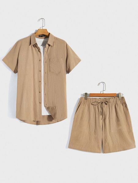 

men button through shirt & tie waist shorts without tee z9zz#, Gray