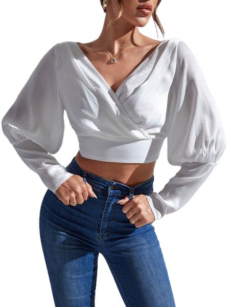

surplice neck zipper back crop blouse s41k#, White