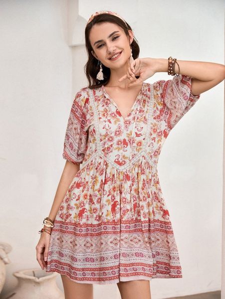 

rusttydustty v-neck bishop sleeve floral dress k2yf#, Black;gray