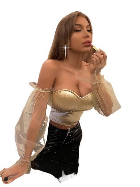 

contrast mesh flounce sleeve off shoulder crop satin 71z9#, White