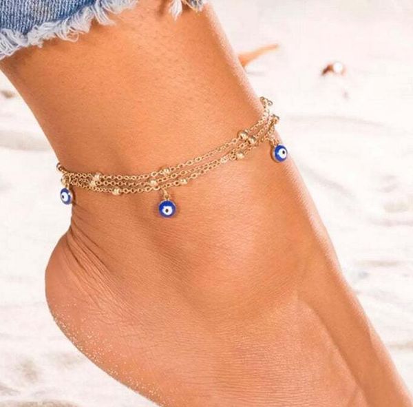 Moda Três Camada Corrente Azul Olho Bead Anklet Turquia Mal Eyes Anklet para Mulheres