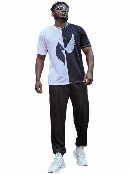

extended sizes men wings print colorblock tee & pants g2ku#, Gray