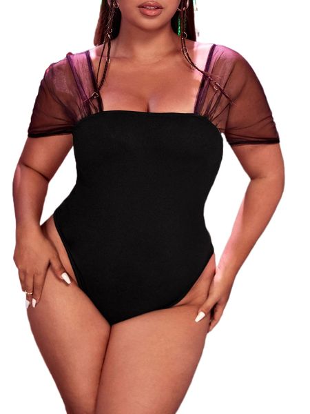 

plus contrast mesh square neck bodysuit q9ki#, Black