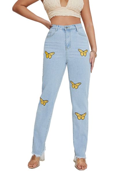 

butterfly print raw hem jeans a2ux#, Blue