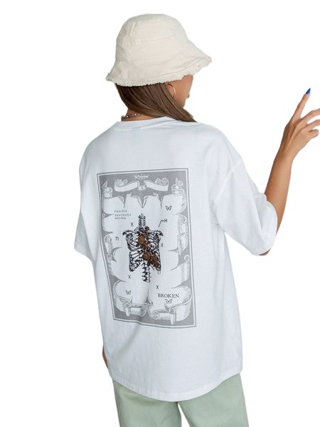

dazy letter & skeleton print drop shoulder tee q4a5#, White