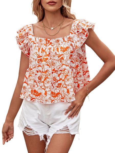 

allover floral print flutter sleeve square neck peplum blouse d1zk#, White