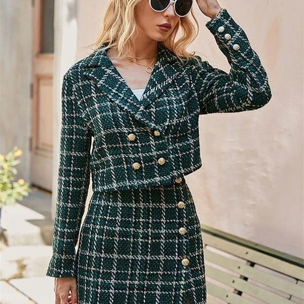 

office plaid women blazer coat green elegant high waist split female mini skirt fashion lapel long sleeve button blazers 220705, White;black