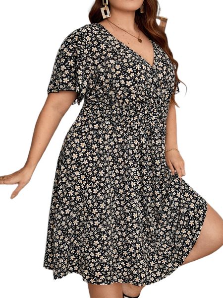 

plus allover floral print butterfly sleeve shirred waist dress a2r6#, Black