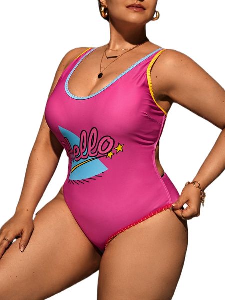 

plus letter graphic contrast binding one piece swimsuit s61b#, White;black