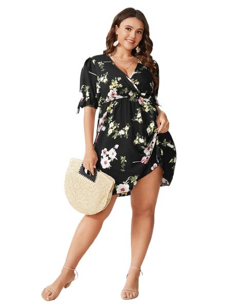 

plus floral print surplice neck knot detail dress 60n0#, Black