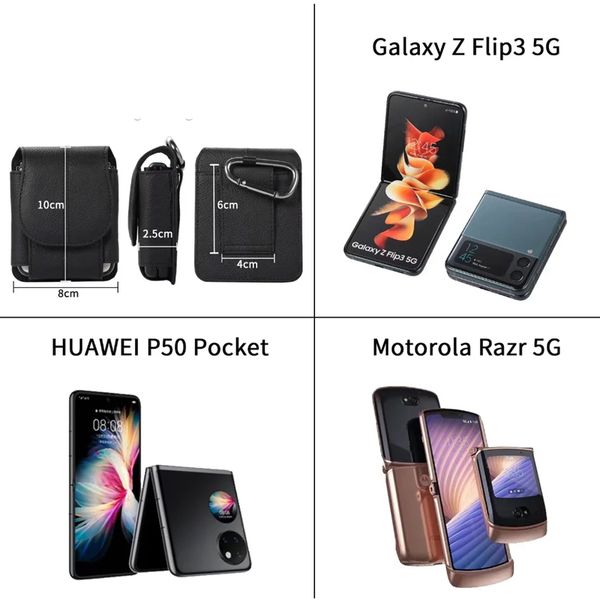 Реальные подлинные кобуры кожаные кобуры для Motorola Moto Razr Huawei P50 Pocket Samsung Galaxy Z Flip 3 Flip3 5G складной ремень телефона Вертикальная талия Универсальные пакеты бедра