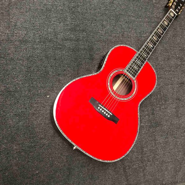 

custom 39 inch ooo all solid wood acoustic guitar life tree inlay neck ebony fingerboard slotted headstock in red color