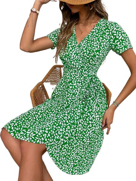 

ditsy floral tie side wrap dress r9e2#, Black;gray