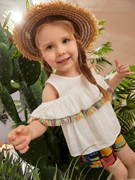 

toddler girls ruffle trim cold shoulder she, White;black