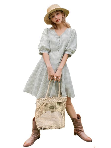 

dazy gingham puff sleeve fake button keyhole back smock dress 116e#, Black;gray