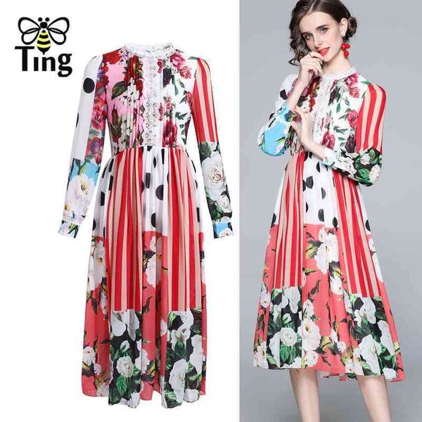 

fashion chic street casual women floral printing a line dress lady elegant lace patchwork pink summer chiffon robes 210513, Black;gray