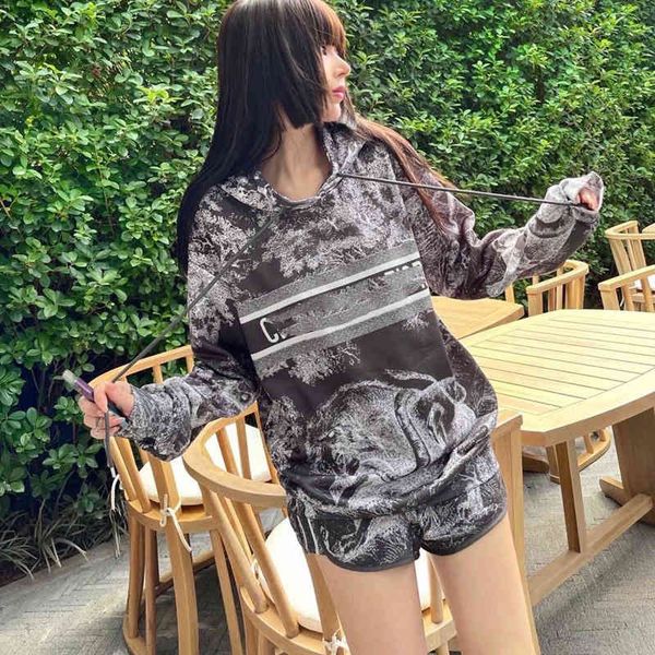

new ink painting print hoodie + wide leg shorts two piece suit women, White