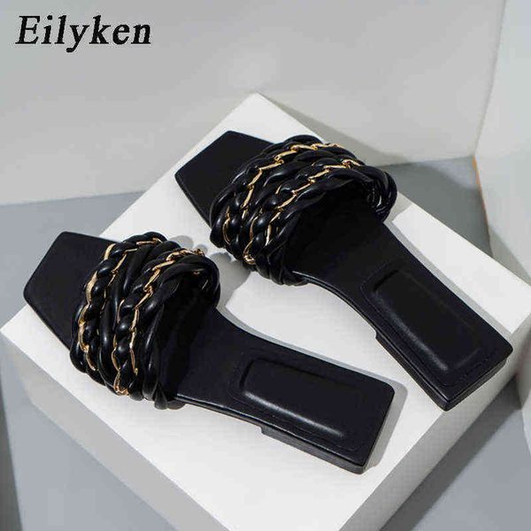 

slippers eilyken new brand weaving women summer fashion chain decoration flat sandals casual slip on shoes designer slides 220329, Black