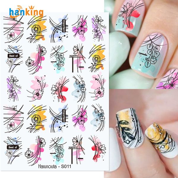 Linee nere foglie fiore di decalcomanie d'acqua adesivi set di motivi floreali di marmo per le unghie decorazioni per nail art estate h141