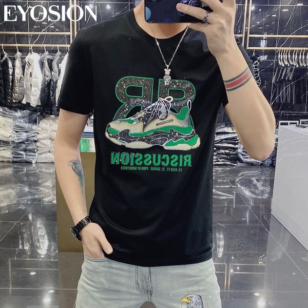 

men's cotton t-shirt high street tee 2022 summer new fashion shoes printing diamond short sleeve tee round neck men clothes, White;black
