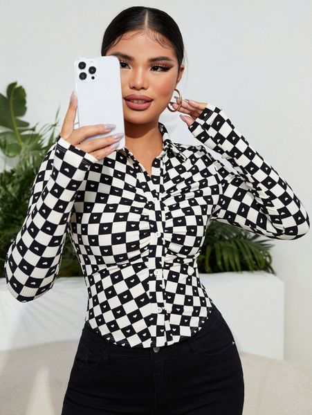 

checker and heart print ruched rib-knit tee 82jt#, White