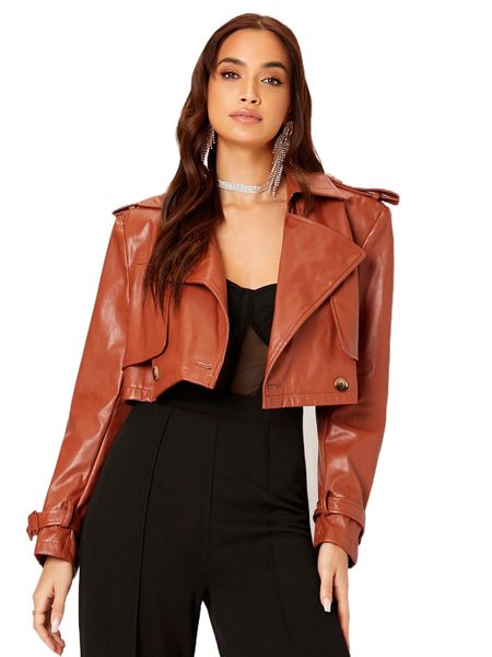 

buckle detail cuff pu leather crop trench coat x758#, Tan;black