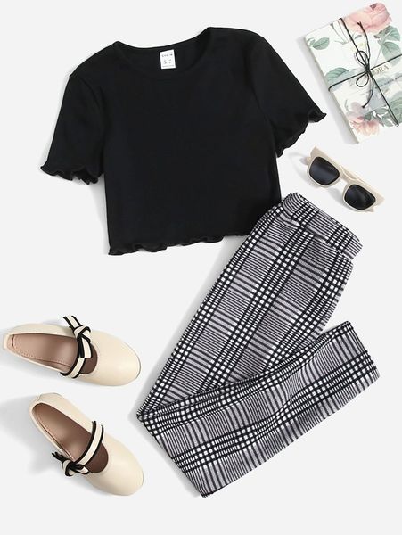 

girls lettuce trim & plaid pants she, White