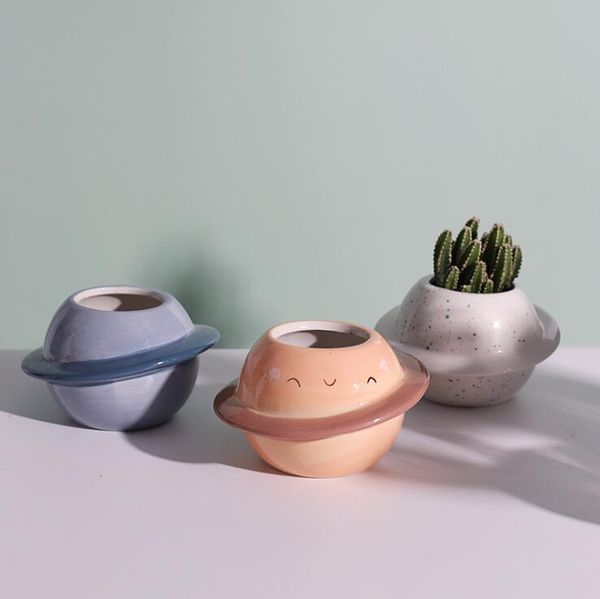 Nueva maceta creativa con forma de estrella y planeta, macetas de cerámica redondas coloridas, macetas pequeñas de escritorio, contenedor de flores para plantas verdes 0704