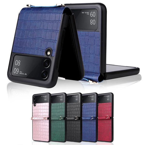 

luxury designer pu leather hand strap anti-fall phone cases for samsung galaxy z flip 3 5 5g sm-f711b protection back cover with lanyard fli