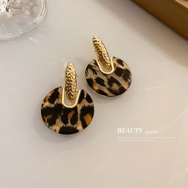 

silver needle acrylic leopard print geometric round ring earrings european and american retro temperament ear studs design sense personalize, Golden