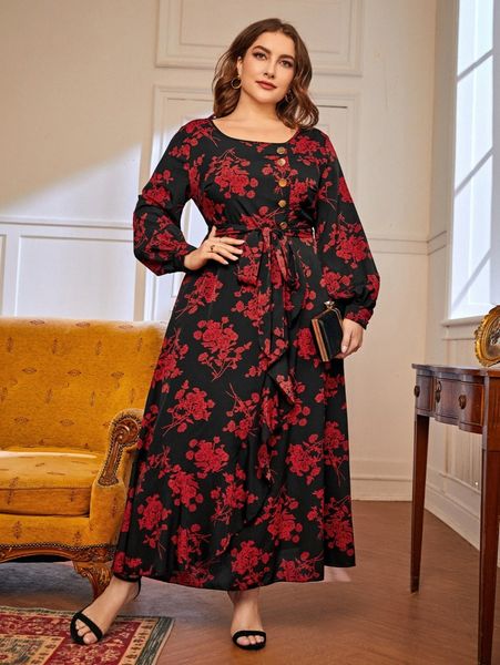 

plus allover floral print lantern sleeve belted dress l3nw#, Black