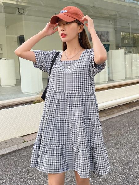 

dazy plaid print puff sleeve ruffle hem smock dress 61ln#, Black;gray