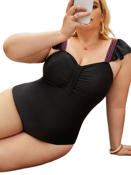 

plus tape panel ruffle trim ruched one piece swimsuit u3z6#, White;black