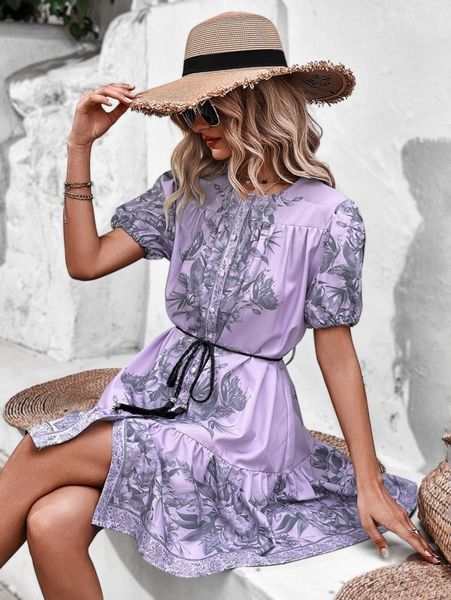 

floral print puff sleeve button up belted dress e9ae#, Black;gray