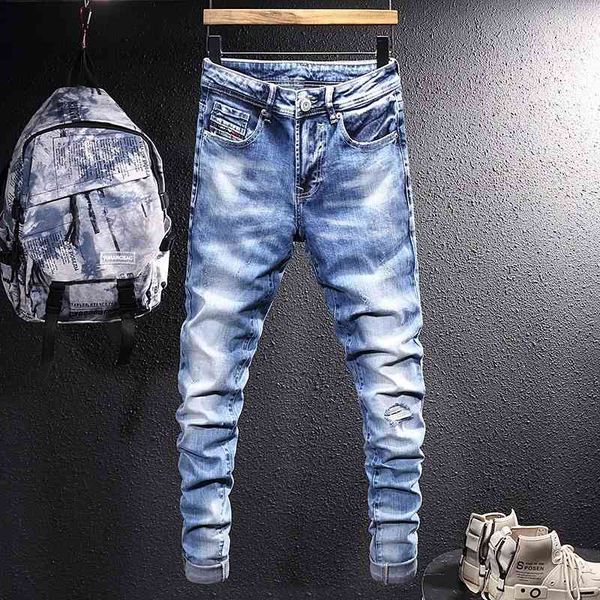 

men's jeans fashion brand jeans men's washed holes elastic old korean slim fit youth leggings versatile pants rsfi, Blue