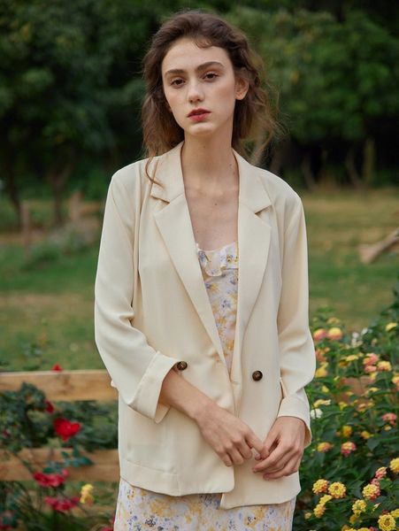 

simple retro lapel collar double button blazer p1wp#, White