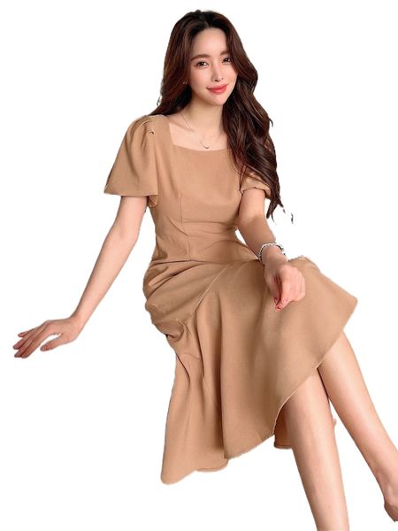 

dazy plicated detail puff sleeve mermaid hem dress w3sb#, Black;gray