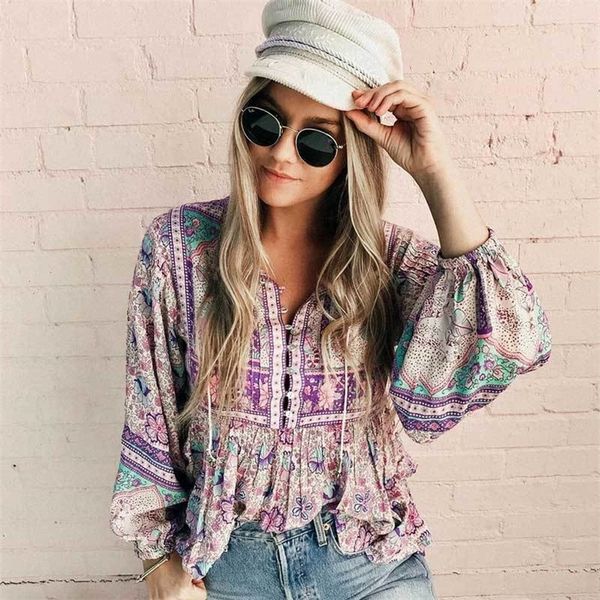 

boho inspried boho blouse floral print long sleeve oneck bohemia loose women casual chic 2020 spring summer blouse shirts t200321, White
