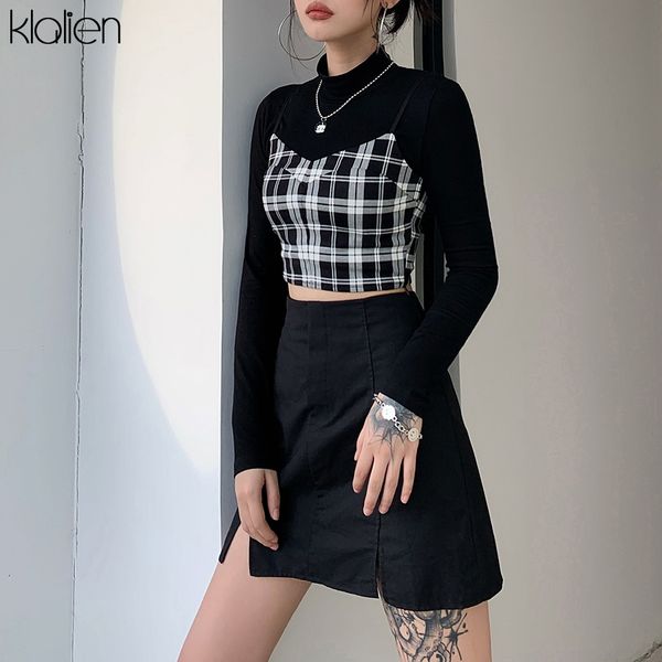 

fashion casual black white plaid camisole and t shirt women elegant young style cute autumn long sleeve t shirt ladies