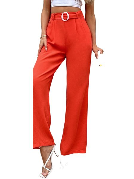 

solid wide leg belted pants v7fy#, Black;white