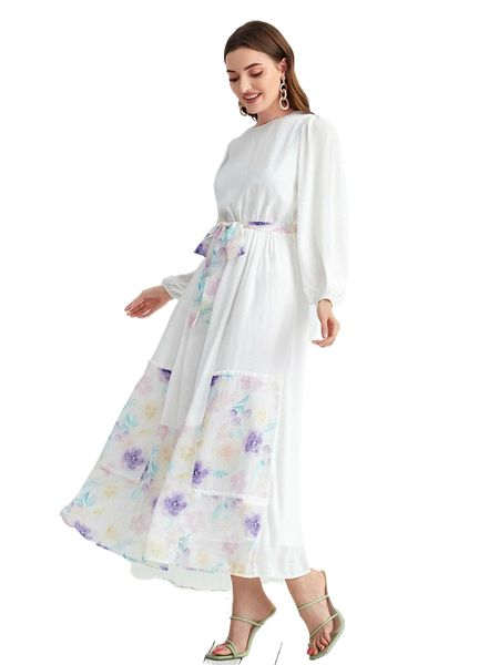 

x iman troye floral print lantern sleeve belted chiffon dress i8xu#, Black;gray