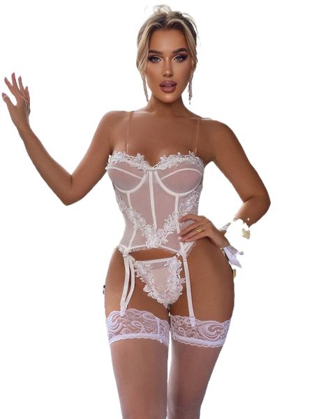 

appliques garter bustier set with 1pair stocking & clear straps z154#, Black;red