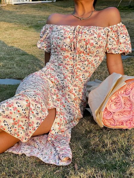 

floral print tie front split hem dress 97kw#, Black;gray