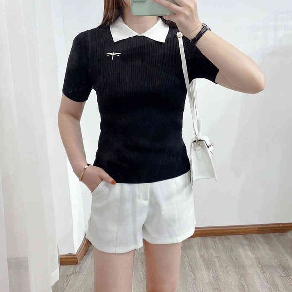 

women's sweaters star's same sweater women's dragonfly embroidery polo collar tencel short sleeve summer dress slim women gps, White;black