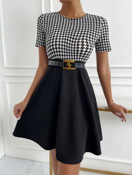 

houndstooth pattern combo dress without belt 64rz#, Black;gray
